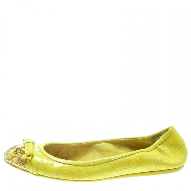 Pre Owned Dior Neon Yellow Patent Cannage Leather Icon Metal Cap Toe Bow Ballet Flats Size 38