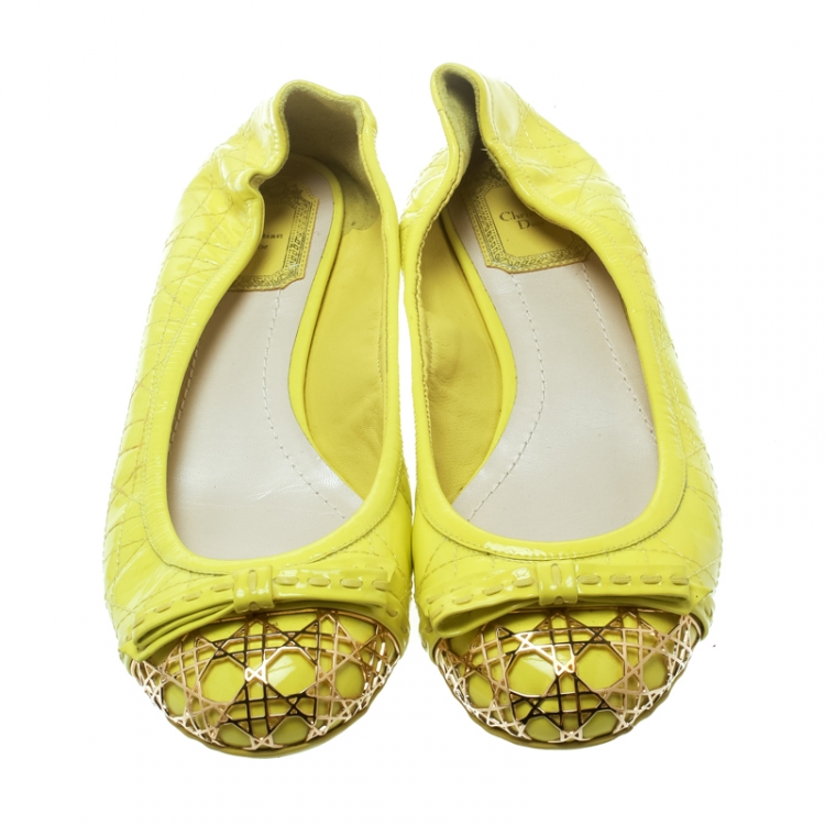 Pre Owned Dior Neon Yellow Patent Cannage Leather Icon Metal Cap Toe Bow Ballet Flats Size 38