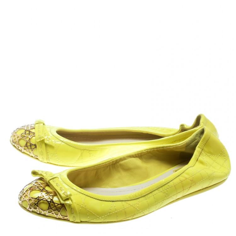 Pre Owned Dior Neon Yellow Patent Cannage Leather Icon Metal Cap Toe Bow Ballet Flats Size 38
