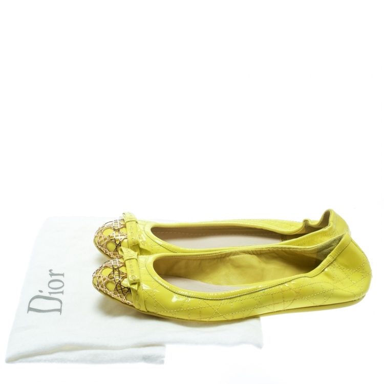 Pre Owned Dior Neon Yellow Patent Cannage Leather Icon Metal Cap Toe Bow Ballet Flats Size 38