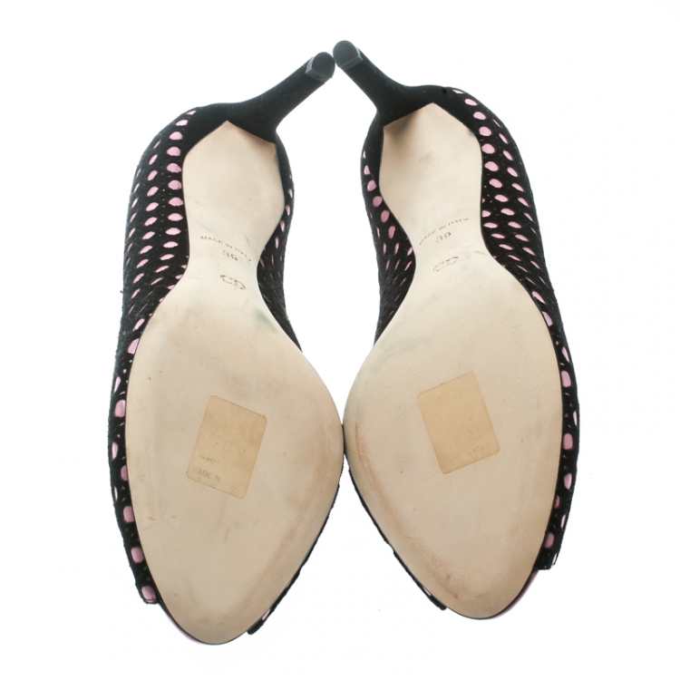 Pre Owned Dior Black Suede With Pink Leather Contrast Cannage Peep Toe Platform Pumps Size 39