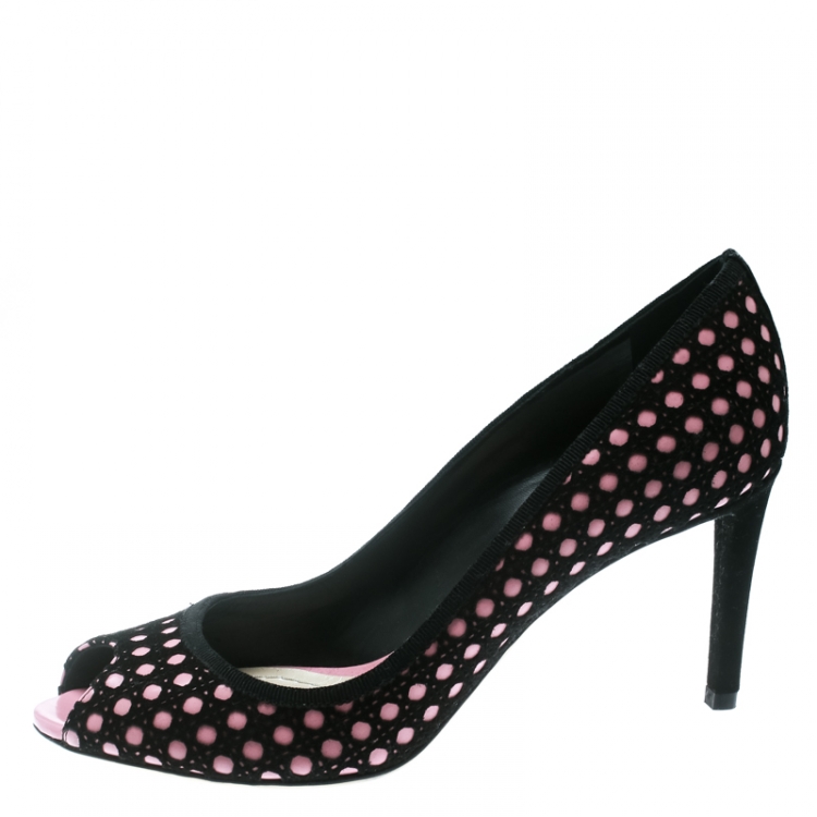 Pre Owned Dior Black Suede With Pink Leather Contrast Cannage Peep Toe Platform Pumps Size 39