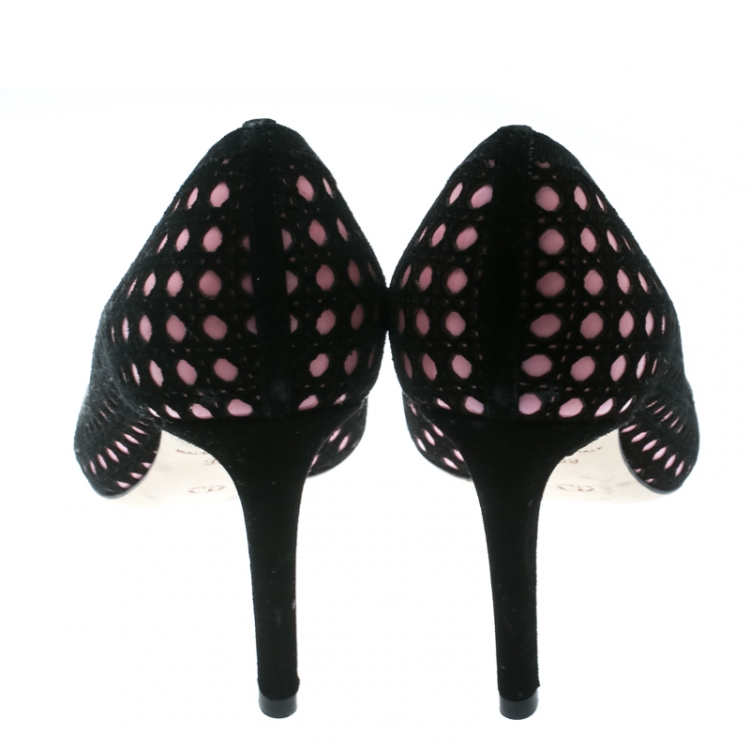 Pre Owned Dior Black Suede With Pink Leather Contrast Cannage Peep Toe Platform Pumps Size 39