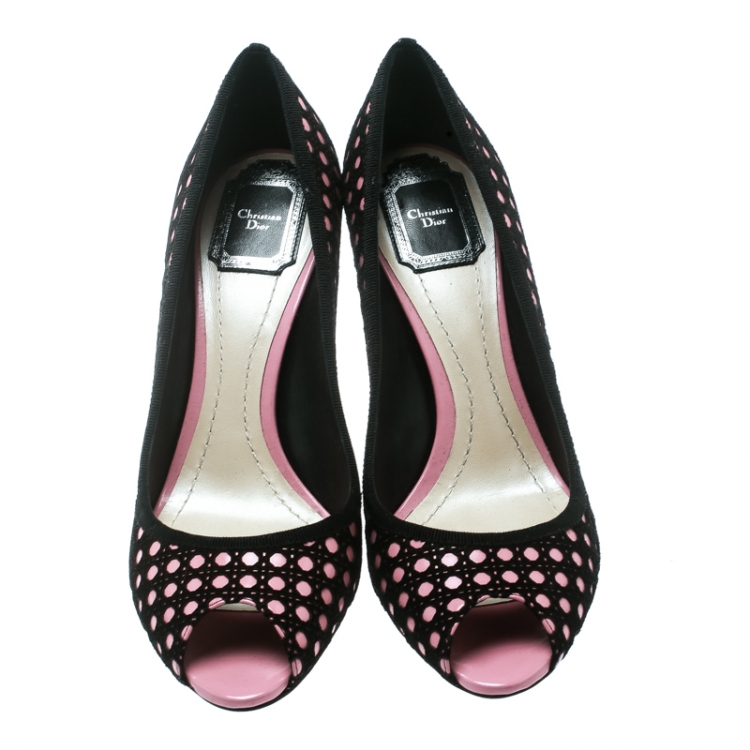 Pre Owned Dior Black Suede With Pink Leather Contrast Cannage Peep Toe Platform Pumps Size 39