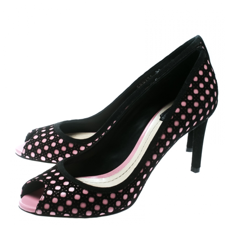 Pre Owned Dior Black Suede With Pink Leather Contrast Cannage Peep Toe Platform Pumps Size 39