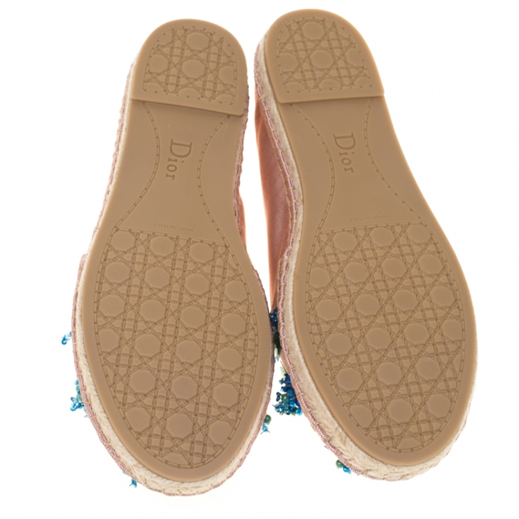 Pre Owned Dior Pink Floral Embellished Canvas Espadrille Loafers Size 38