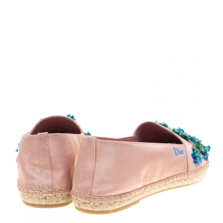 Pre Owned Dior Pink Floral Embellished Canvas Espadrille Loafers Size 38
