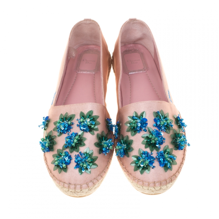 Pre Owned Dior Pink Floral Embellished Canvas Espadrille Loafers Size 38