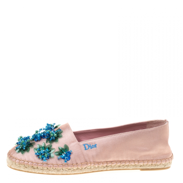 Pre Owned Dior Pink Floral Embellished Canvas Espadrille Loafers Size 38