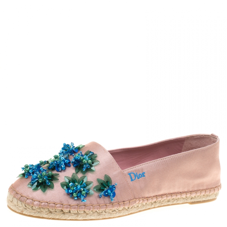 Pre Owned Dior Pink Floral Embellished Canvas Espadrille Loafers Size 38