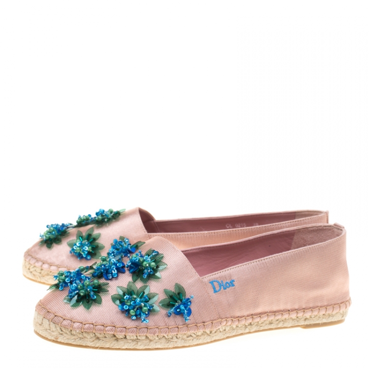 Pre Owned Dior Pink Floral Embellished Canvas Espadrille Loafers Size 38
