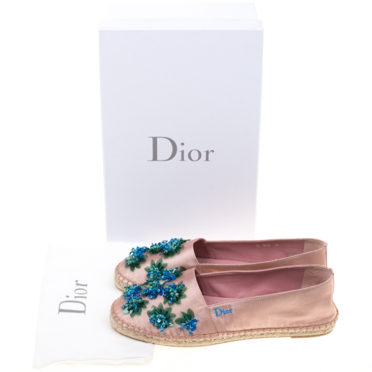 Pre Owned Dior Pink Floral Embellished Canvas Espadrille Loafers Size 38