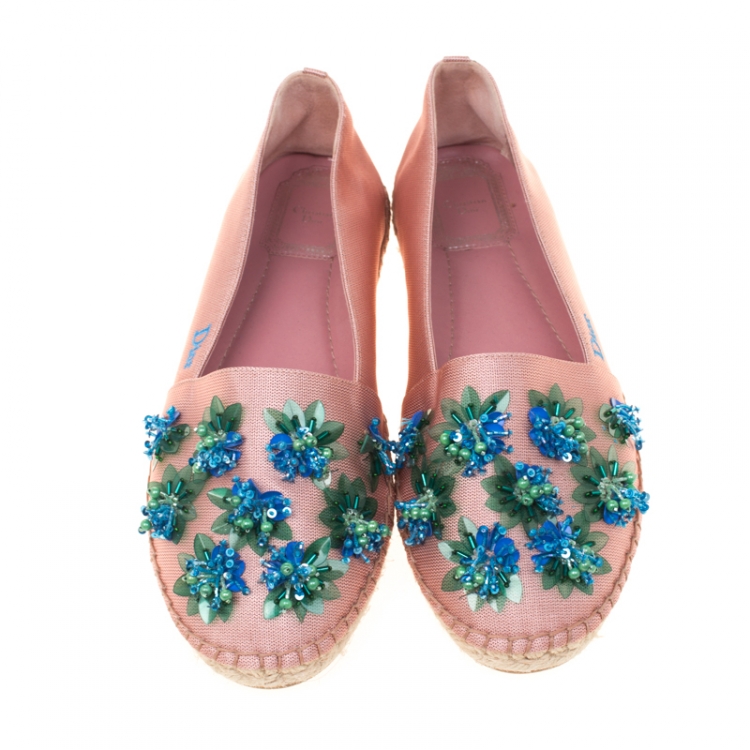 Pre Owned Dior Blush Pink Embellished Fabric Espadrilles Size 38