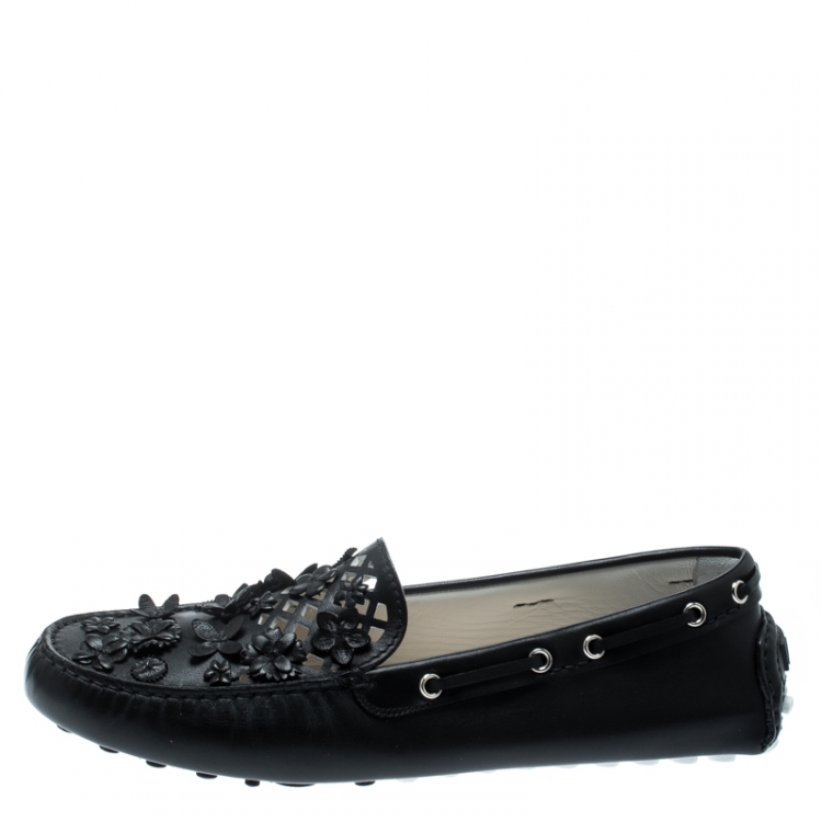 Pre Owned Dior Black Laser Cut Floral Embellished Leather Flore Loafers Size 41.5