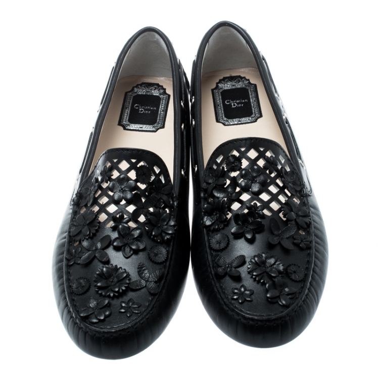 Pre Owned Dior Black Laser Cut Floral Embellished Leather Flore Loafers Size 41.5