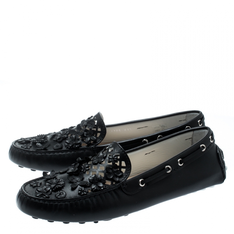Pre Owned Dior Black Laser Cut Floral Embellished Leather Flore Loafers Size 41.5