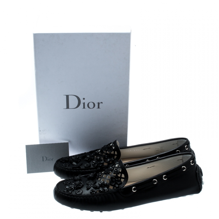 Pre Owned Dior Black Laser Cut Floral Embellished Leather Flore Loafers Size 41.5