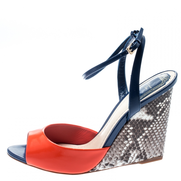 Pre Owned Dior Multicolor Leather Escapade Python Leather Wedge Ankle Strap Sandals Size 39