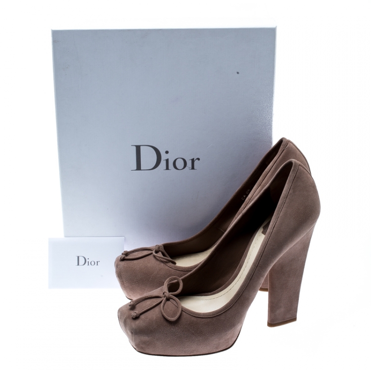Pre Owned Dior Beige Suede Bow Detail Block Heel Platform Pumps Size 40