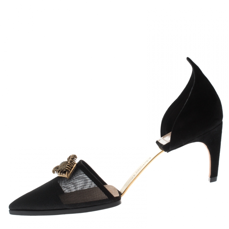 Pre Owned Dior Black Mesh And Suede Surreal D Eye Detail Pointed Toe Pumps Size 38.5