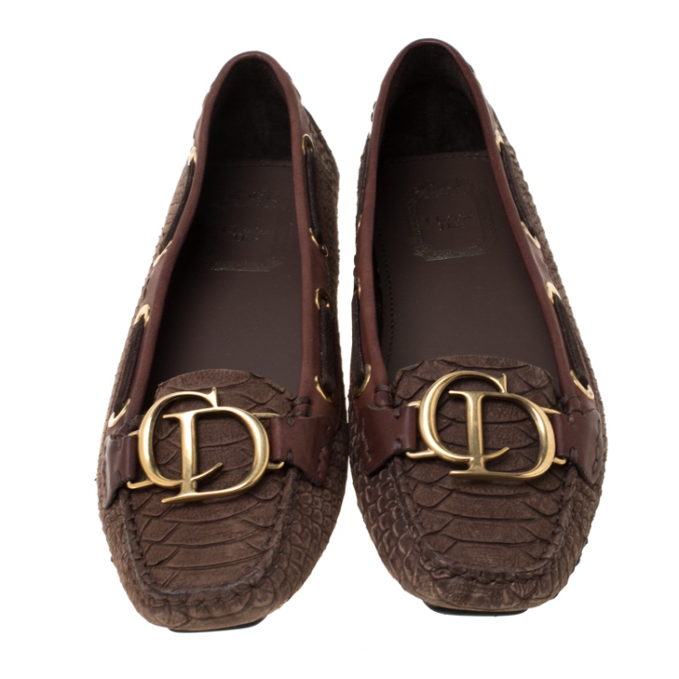 Pre Owned Dior Brown Python Leather CD Loafers Size 37