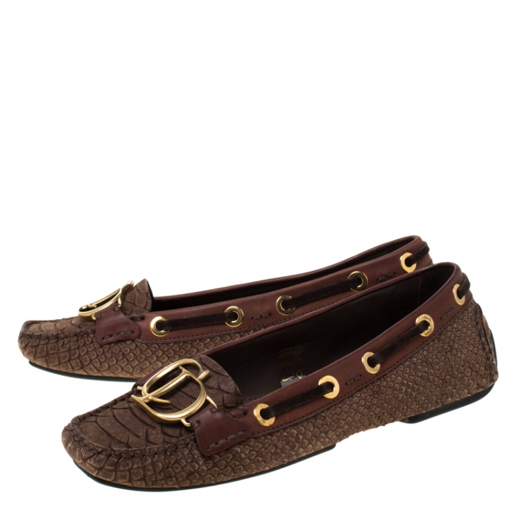 Pre Owned Dior Brown Python Leather CD Loafers Size 37