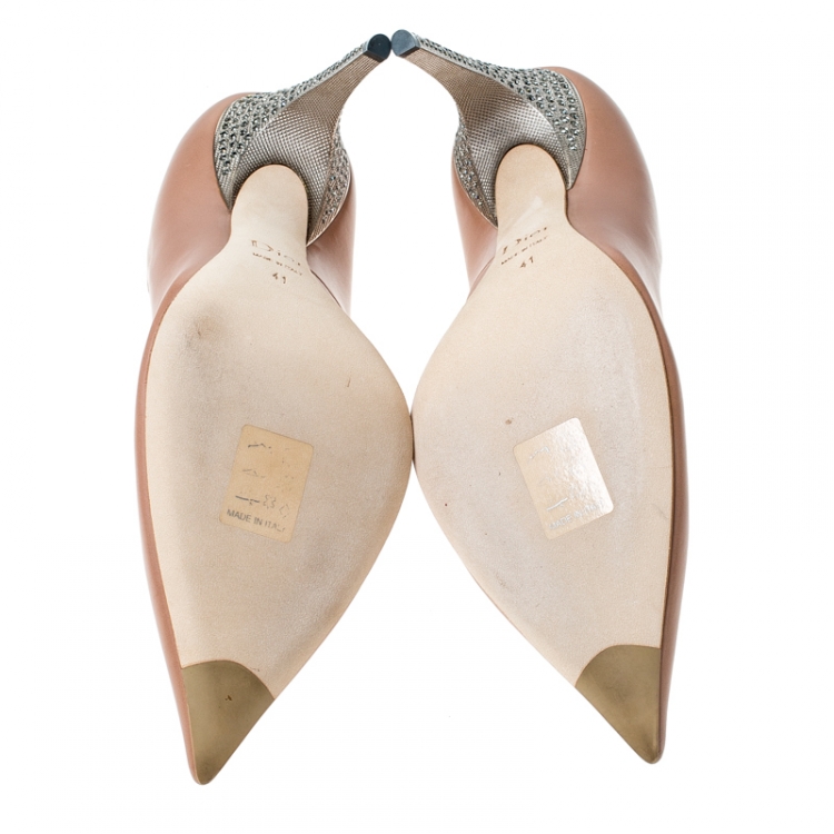 Pre Owned Dior Nude Beige Leather Crystal Embellished Flash Pointed Toe Pumps Size 41