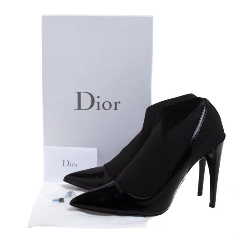 Pre Owned Dior Black Leather And Elastic Fabric Pointed Toe Booties Size 40