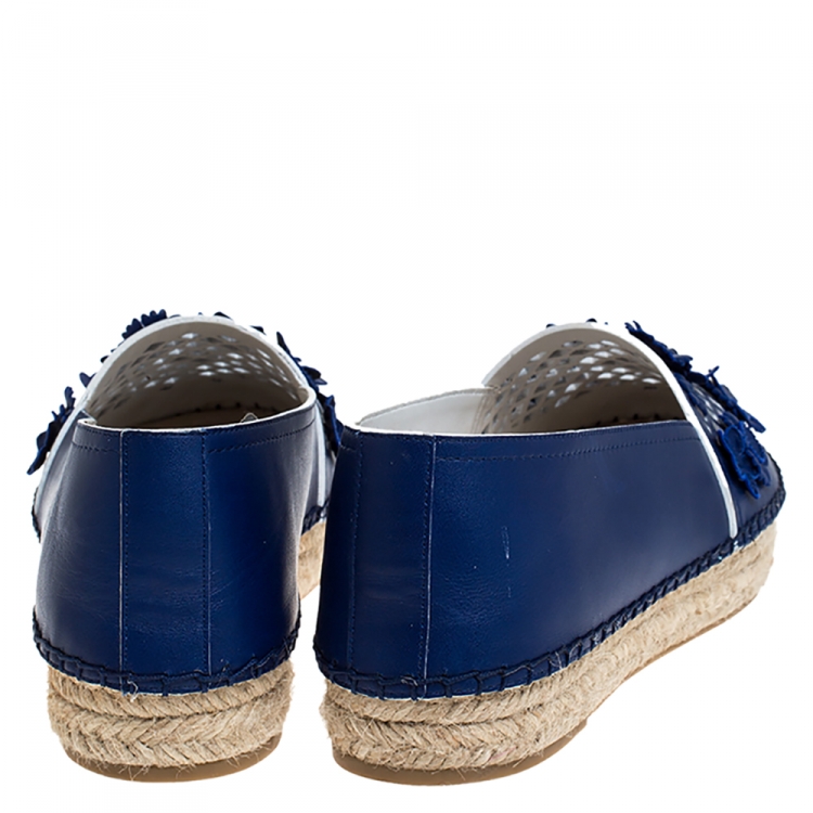 Pre Owned Dior Blue Leather Floral Cutout Espadrilles Flats Size 37.5