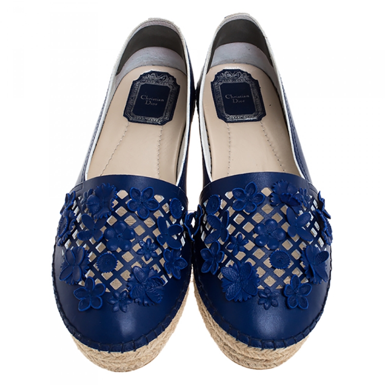 Pre Owned Dior Blue Leather Floral Cutout Espadrilles Flats Size 37.5
