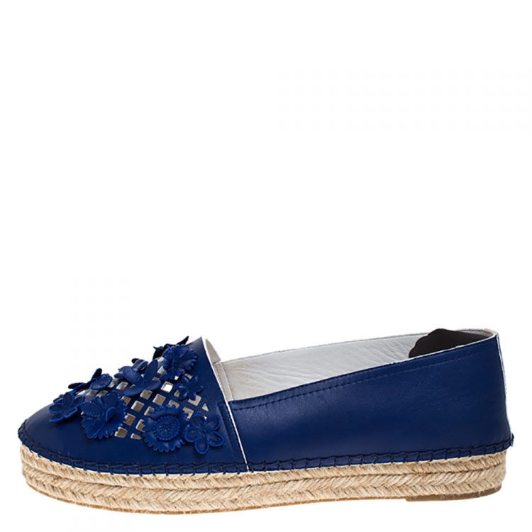 Pre Owned Dior Blue Leather Floral Cutout Espadrilles Flats Size 37.5