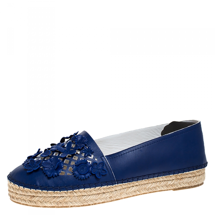 Pre Owned Dior Blue Leather Floral Cutout Espadrilles Flats Size 37.5