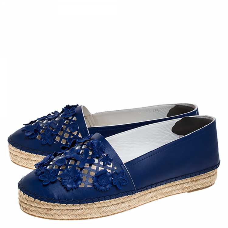 Pre Owned Dior Blue Leather Floral Cutout Espadrilles Flats Size 37.5