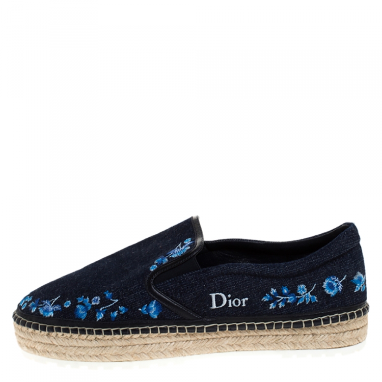 Pre Owned Dior Blue Floral Embroidery Denim Prairie Espadrille Loafers Size 42