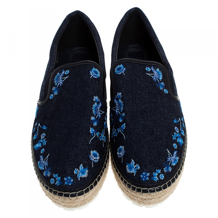 Pre Owned Dior Blue Floral Embroidery Denim Prairie Espadrille Loafers Size 42