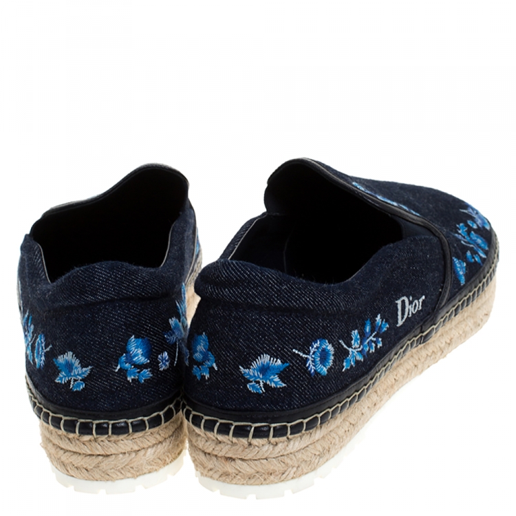 Pre Owned Dior Blue Floral Embroidery Denim Prairie Espadrille Loafers Size 42