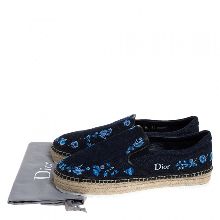 Pre Owned Dior Blue Floral Embroidery Denim Prairie Espadrille Loafers Size 42