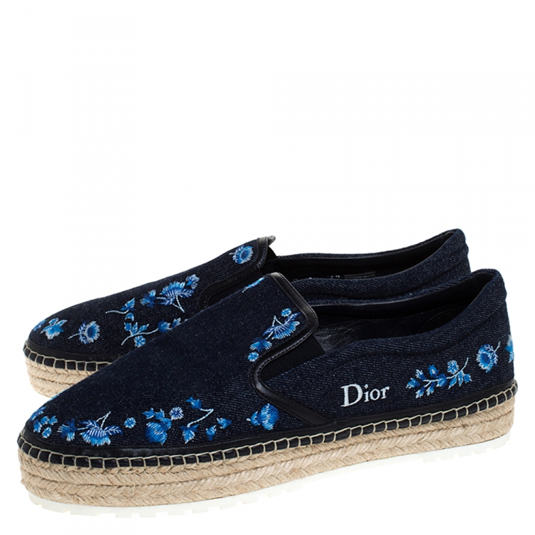 Pre Owned Dior Blue Floral Embroidery Denim Prairie Espadrille Loafers Size 42