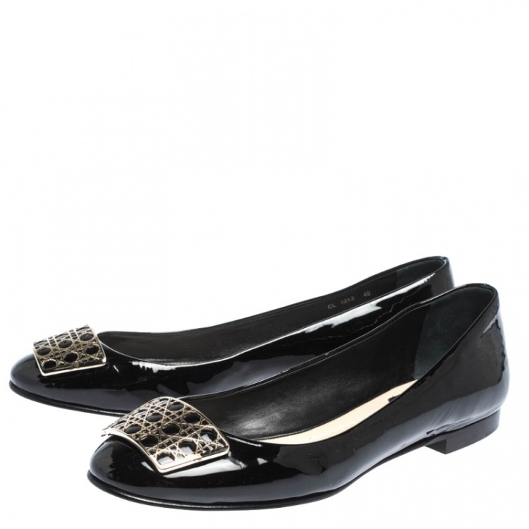 Pre Owned Dior Black Patent Cannage Plaque Ballet Flats Size 40
