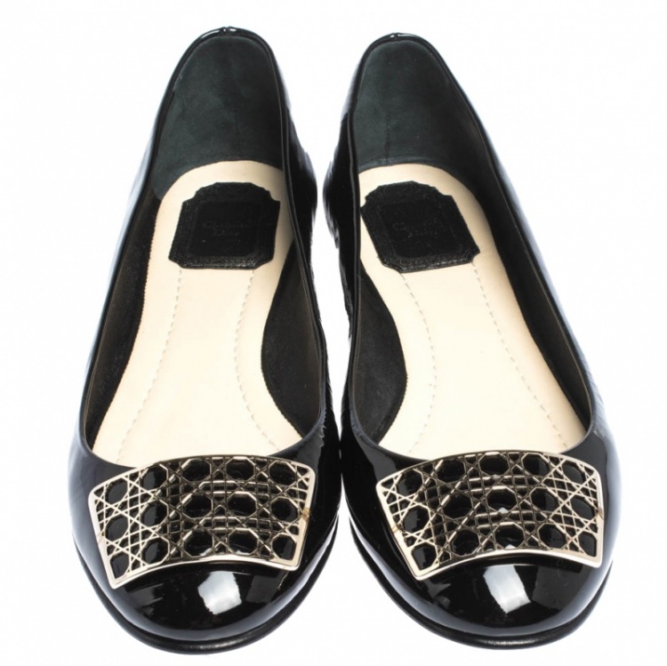 Pre Owned Dior Black Patent Cannage Plaque Ballet Flats Size 40