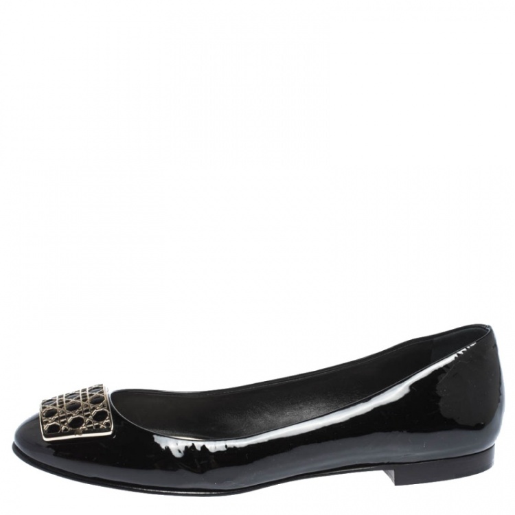 Pre Owned Dior Black Patent Cannage Plaque Ballet Flats Size 40