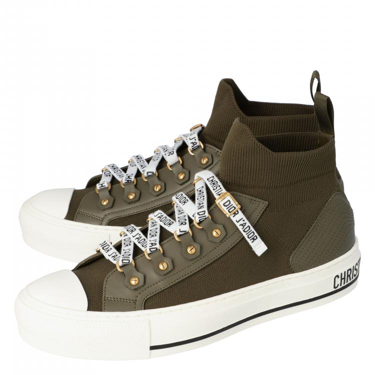 Pre Owned Dior Military Green Technical Knit and Leather Walk'n'Dior High-Top Sneakers Size 36