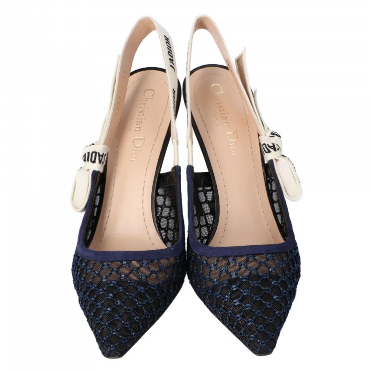 Pre Owned Dior Deep Blue Mesh Embroidered Ribbon J'Adior Slingback Pumps Size 35.5