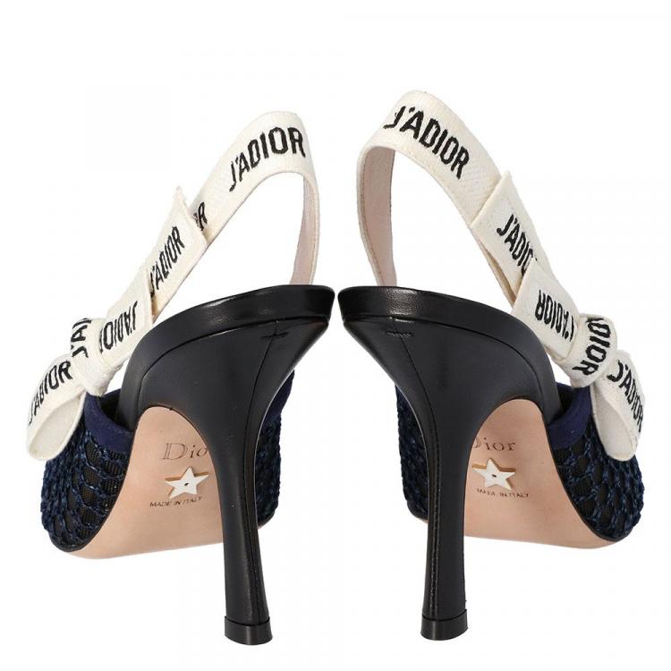 Pre Owned Dior Deep Blue Mesh Embroidered Ribbon J'Adior Slingback Pumps Size 35.5