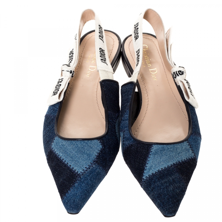 Pre Owned Dior Blue Denim J'adior Ribbon Pointed Toe Slingback Flats Size 39