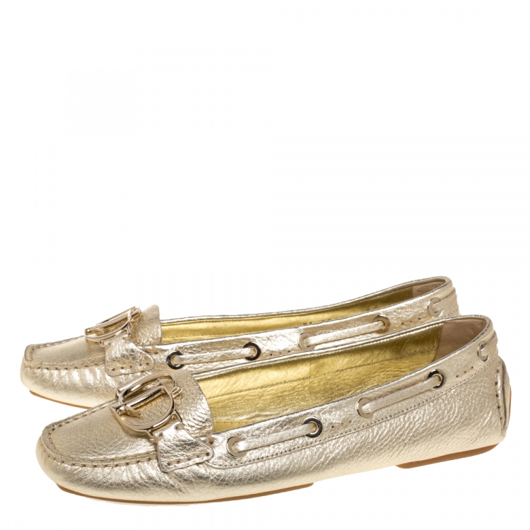 Pre Owned Christian Dior Metallic Gold Leather CD Logo Loafers Size 39