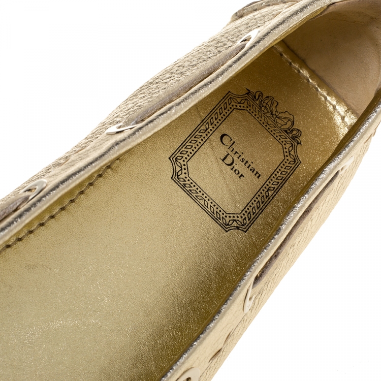 Pre Owned Christian Dior Metallic Gold Leather CD Logo Loafers Size 39