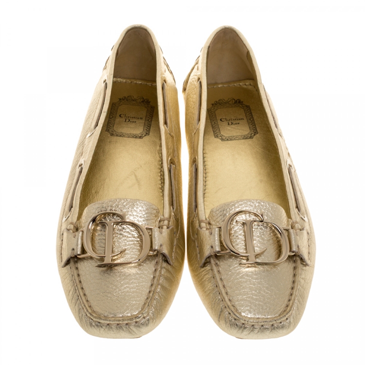 Pre Owned Christian Dior Metallic Gold Leather CD Logo Loafers Size 39