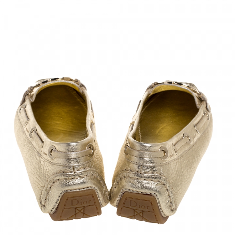 Pre Owned Christian Dior Metallic Gold Leather CD Logo Loafers Size 39