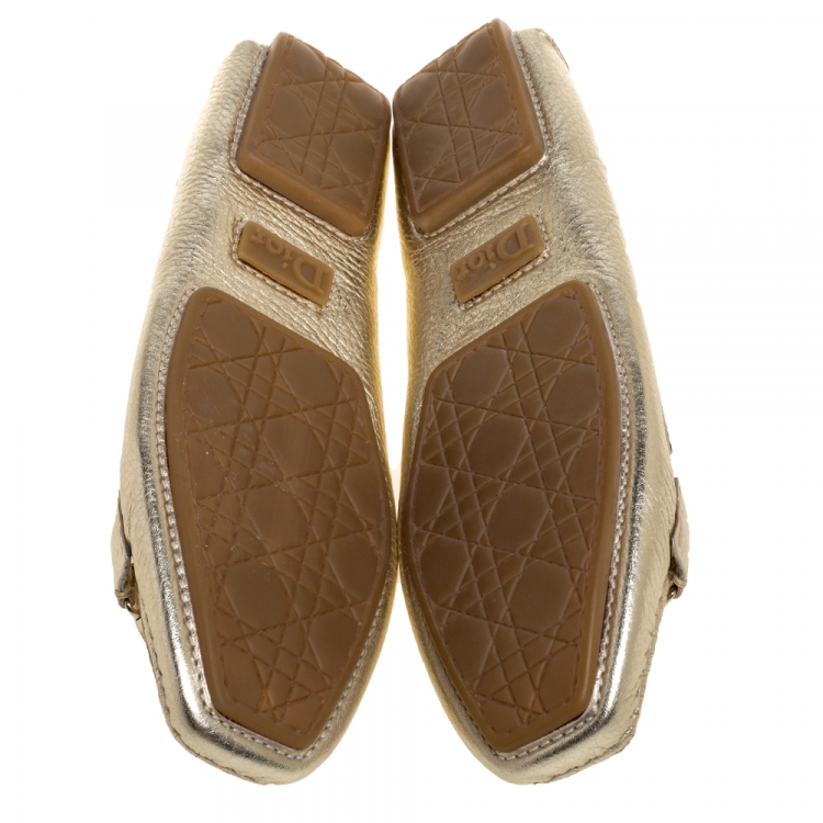 Pre Owned Christian Dior Metallic Gold Leather CD Logo Loafers Size 39